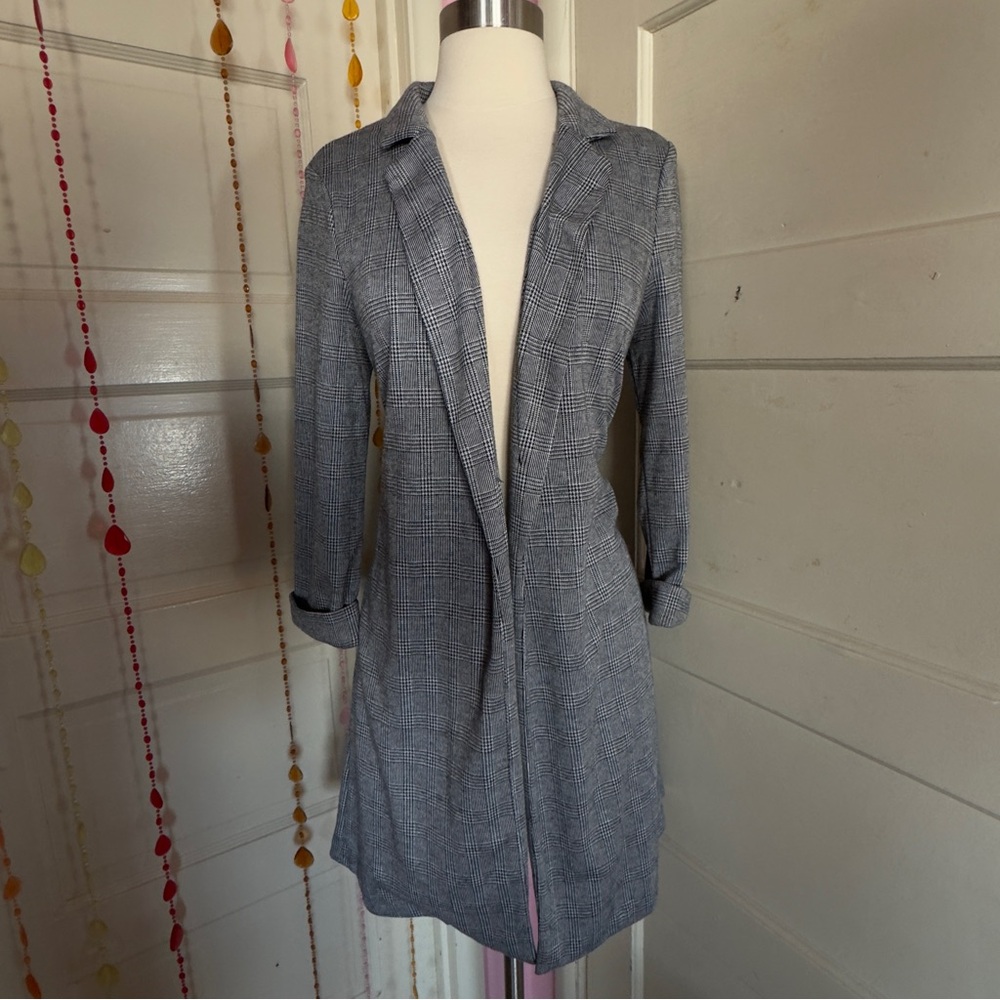 Iris Los Angeles Gray Plaid Longline Blazer Jacket Size M Open Front Career Chic - Picture 2 of 9